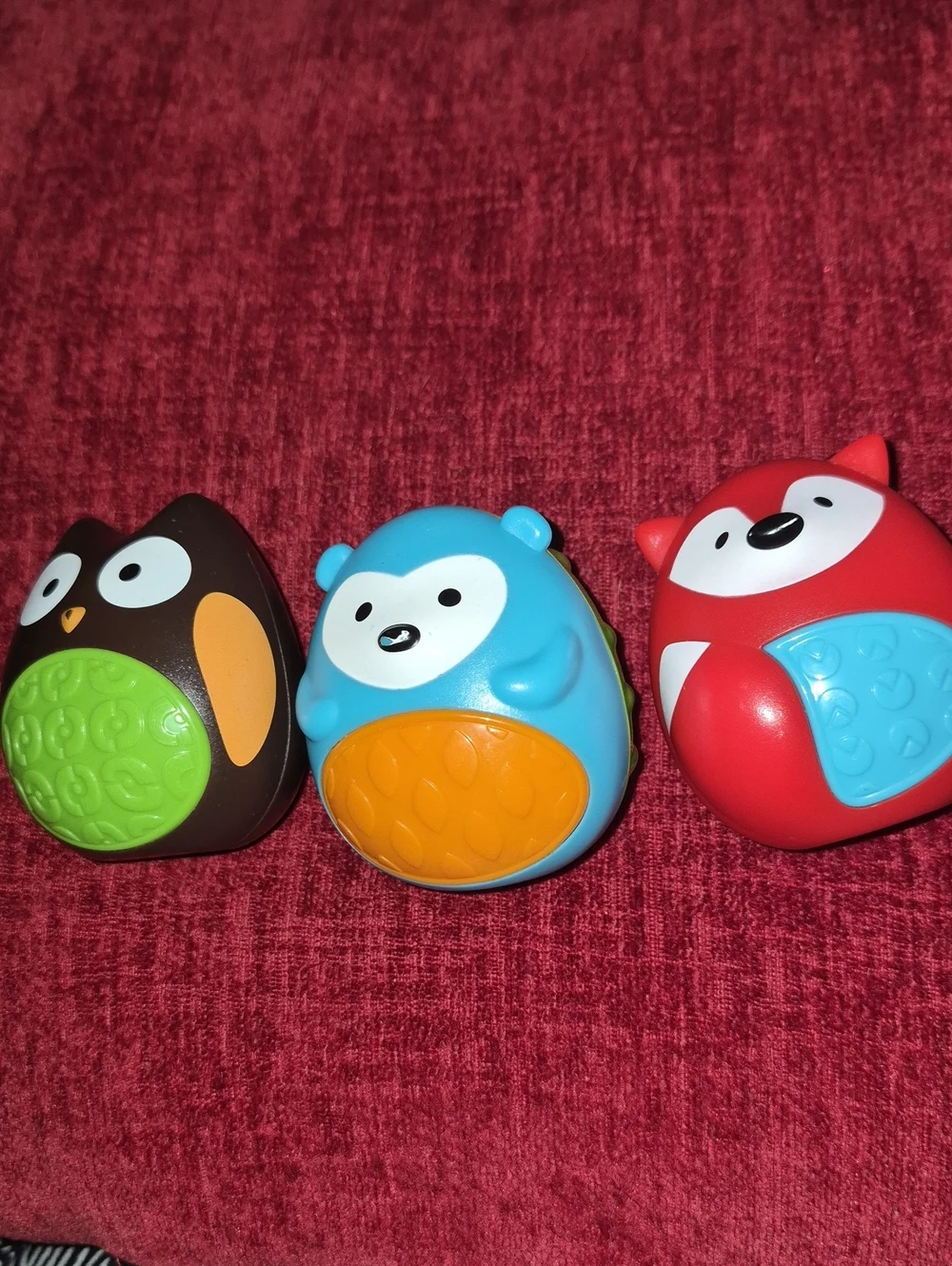 Set of 3 Colorful Bath & Sensory Toys - Red Fox, Blue Bear, Brown Owl